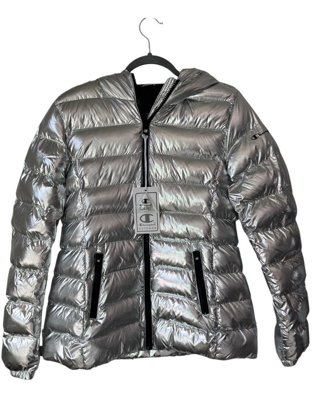 Champion Women's Tech Fill Metallic Silver Hooded Puffer (Size Medium)